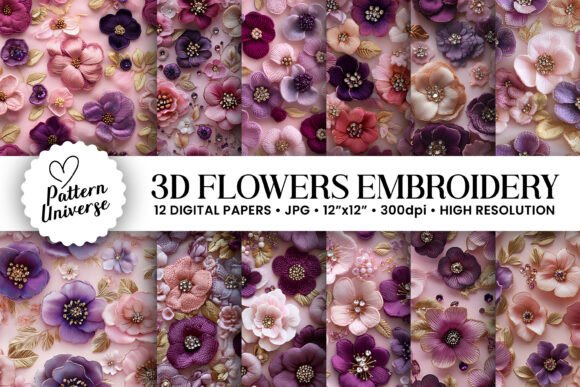 3D Pink Purple Floral Embroidery Pattern