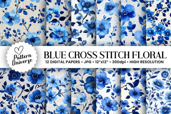Blue Cross Stitch Floral Digital Papers