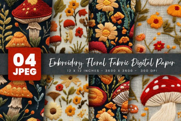 Embroidery Floral Fabric Digital Paper