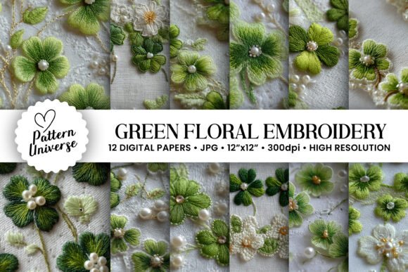 Green Flowers Embroidery Digital Papers