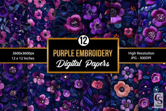 Purple Floral Embroidery Digital Paper