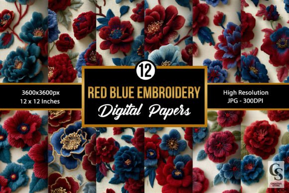 Red Blue Floral Embroidery Patterns